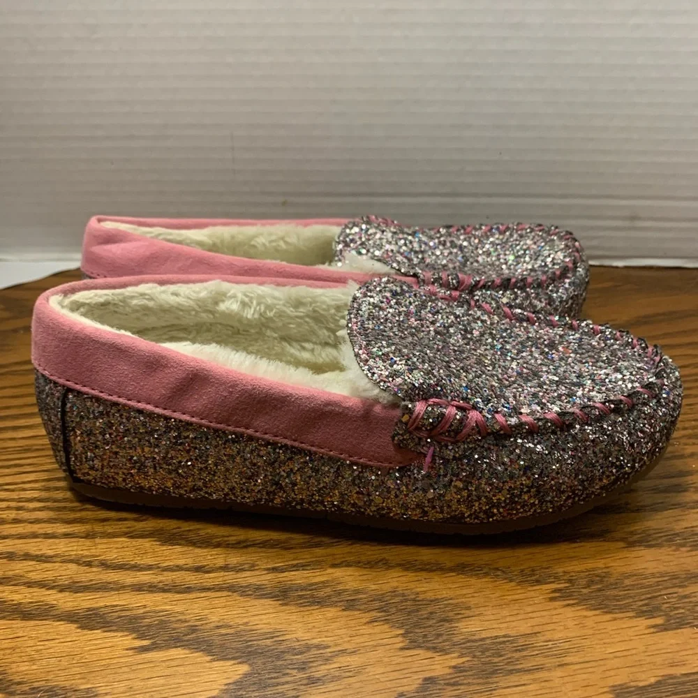 Lands' End Sparkling Glitter Pink and Silver size 4 Moccasins